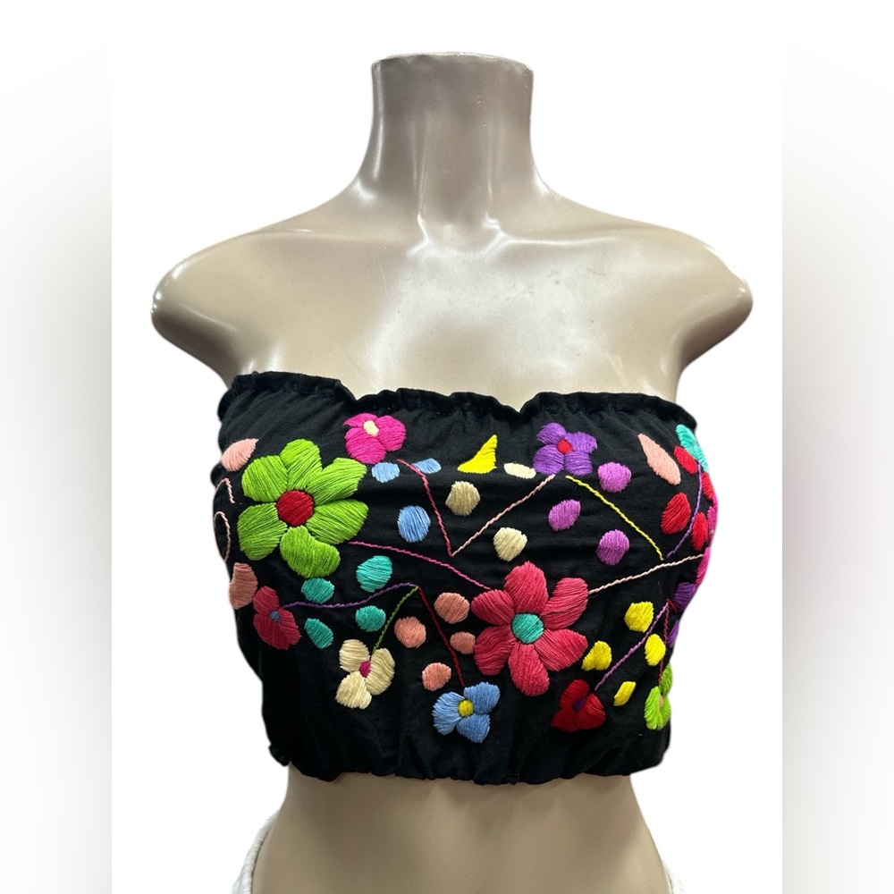 Floral Embroidered Black Strapless Top
